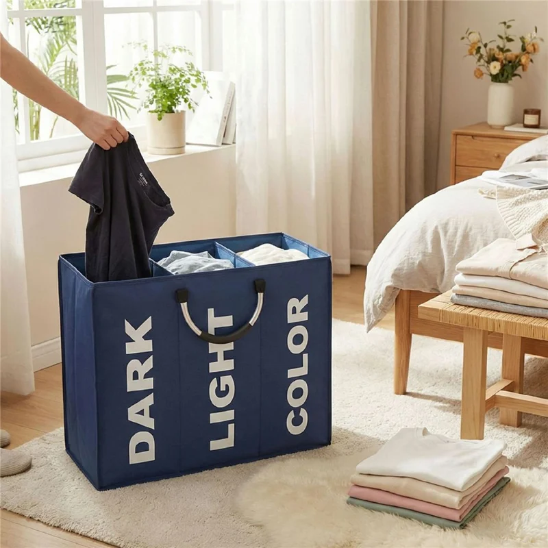 3 Compartments Foldable Large Capacity Laundry Basket Oxford Cloth Storage Hamper Bag with Aluminum Frame - Navy Blue