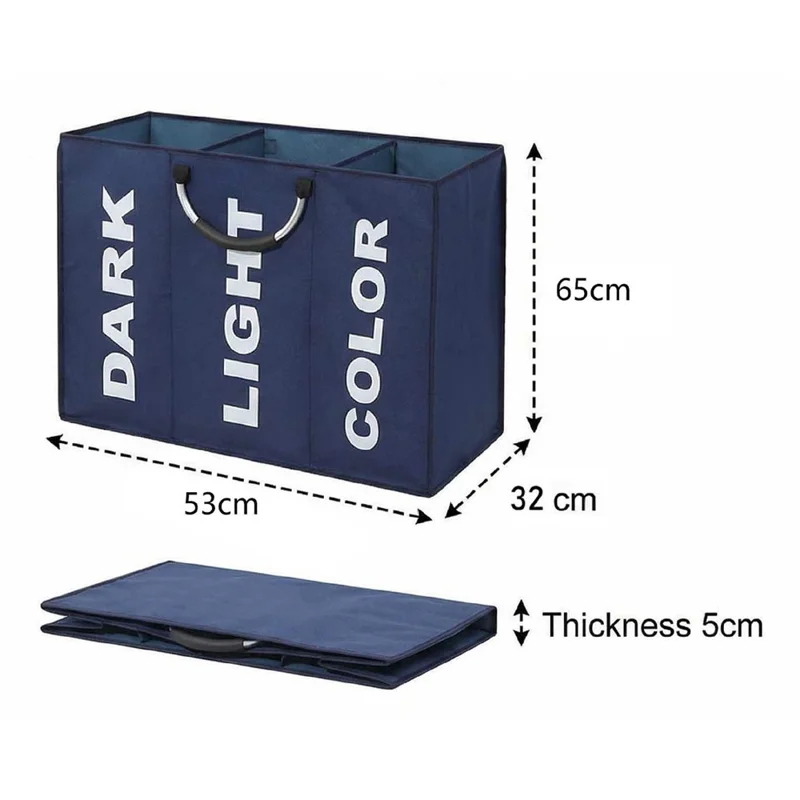 3 Compartments Foldable Large Capacity Laundry Basket Oxford Cloth Storage Hamper Bag with Aluminum Frame - Navy Blue