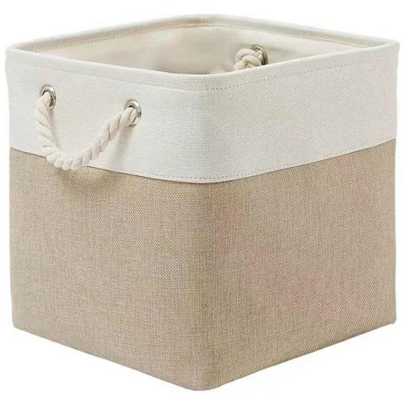 22L Capacity 28x28x28cm Foldable Storage Basket Linen-like Laundry Hamper Bag with Handles for Toys Clothes Books - Khaki