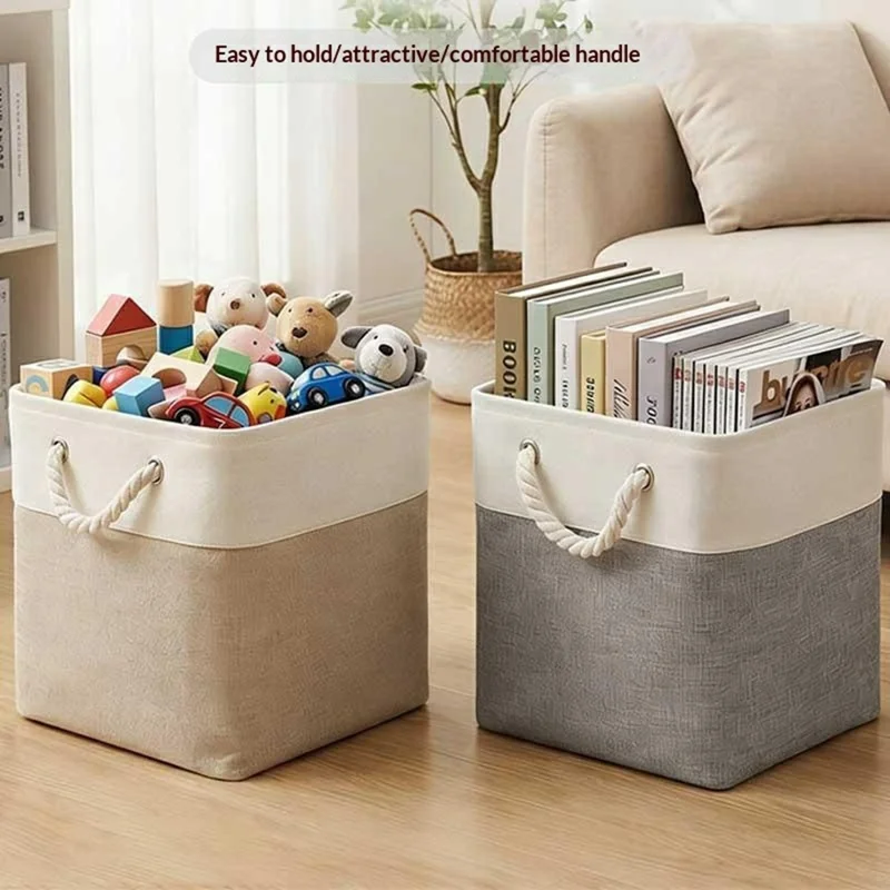 22L Capacity 28x28x28cm Foldable Storage Basket Linen-like Laundry Hamper Bag with Handles for Toys Clothes Books - Khaki