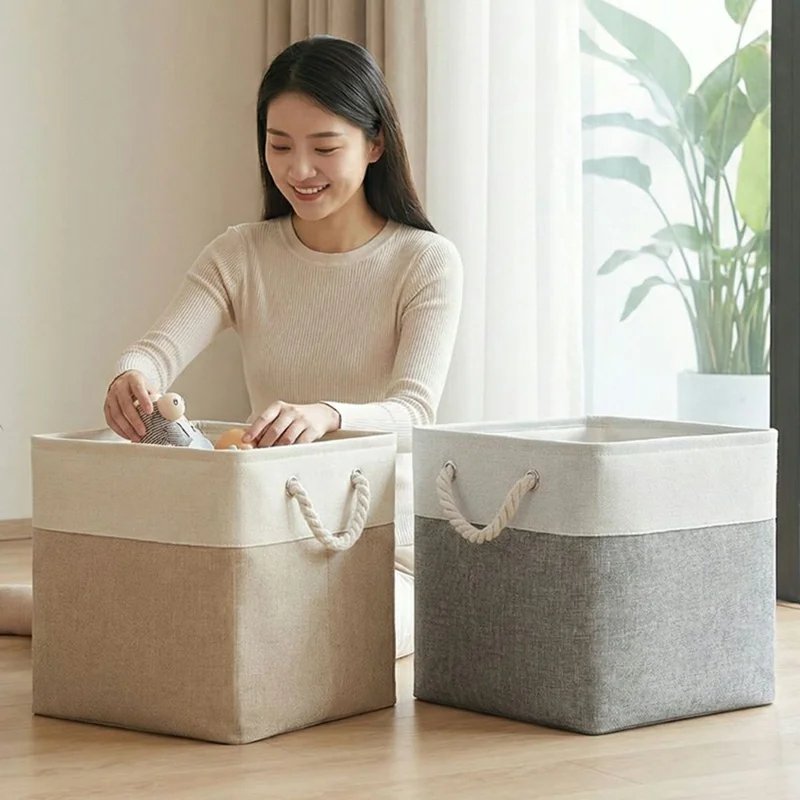 22L Capacity 28x28x28cm Foldable Storage Basket Linen-like Laundry Hamper Bag with Handles for Toys Clothes Books - Khaki