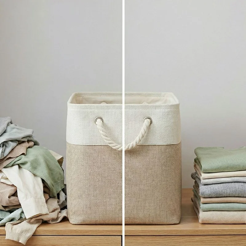 22L Capacity 28x28x28cm Foldable Storage Basket Linen-like Laundry Hamper Bag with Handles for Toys Clothes Books - Khaki