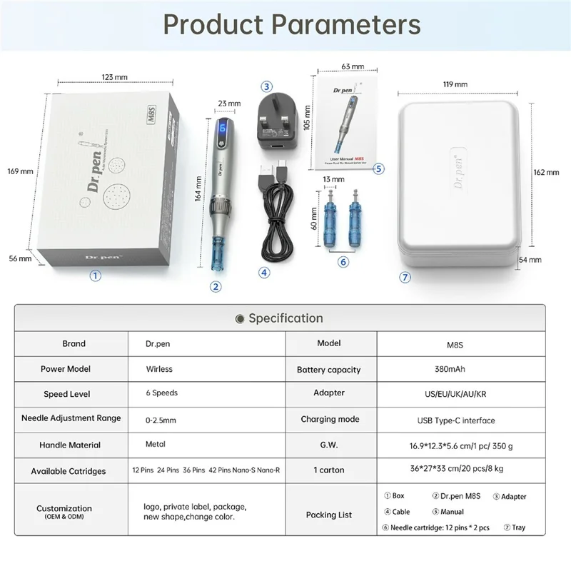 DR.PEN M8S Auto Microneedling Pen med 6 hastighedsindstillinger, 0-2,5 mm dybde, trådløs auto derma-pen til ansigtspleje – EU-stik
