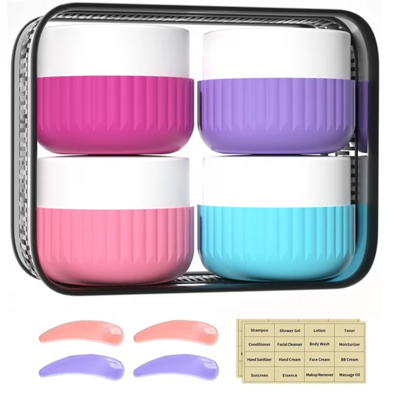 Lot de 4 contenants de voyage en silicone de 30 ml - Pots rechargeables avec grande ouverture, étanches, portables pour crème visage avec spatules - 01 Set