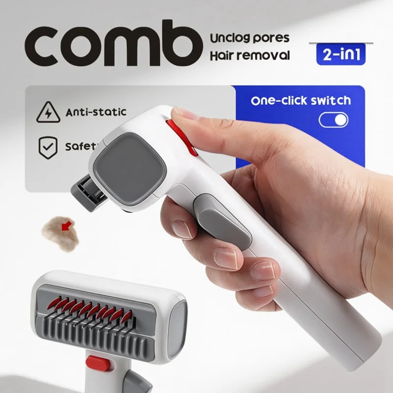 2-in-1 Pet Grooming Comb Detangling Hair Removal Tool with Safety Lock for Dogs Cats