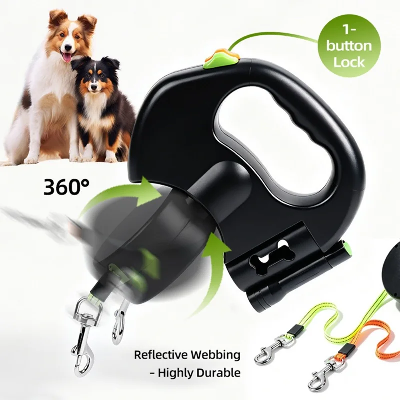 Correa para Perro Retráctil 2 en 1 con Iluminación LED, Sistema Libre de Enredos y Correa Reflectante con Mango Ergonómico - Negro