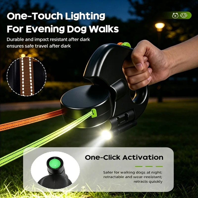 Correa para Perro Retráctil 2 en 1 con Iluminación LED, Sistema Libre de Enredos y Correa Reflectante con Mango Ergonómico - Negro