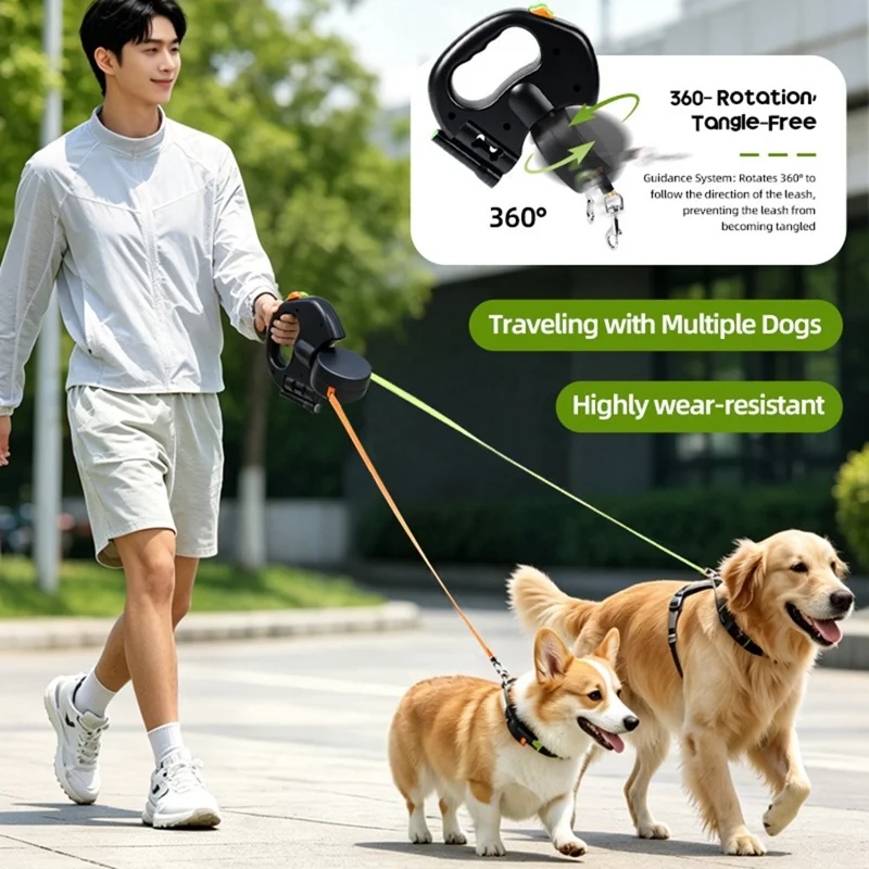 Correa para Perro Retráctil 2 en 1 con Iluminación LED, Sistema Libre de Enredos y Correa Reflectante con Mango Ergonómico - Negro