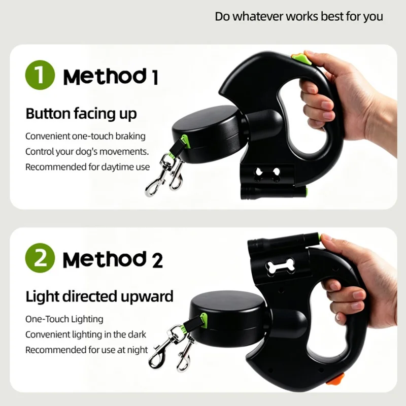 Correa para Perro Retráctil 2 en 1 con Iluminación LED, Sistema Libre de Enredos y Correa Reflectante con Mango Ergonómico - Negro