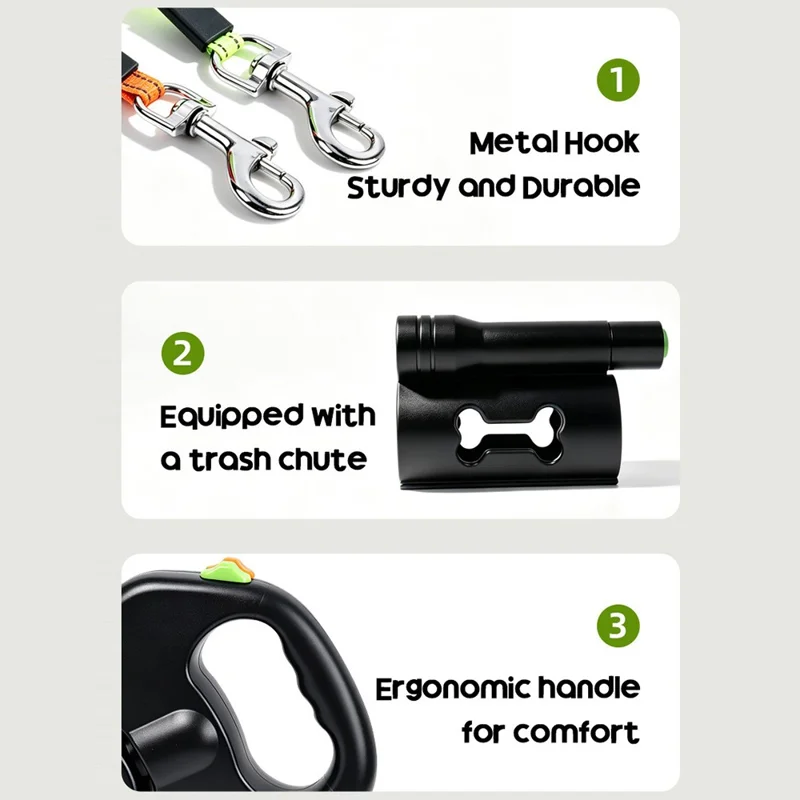 Correa para Perro Retráctil 2 en 1 con Iluminación LED, Sistema Libre de Enredos y Correa Reflectante con Mango Ergonómico - Negro