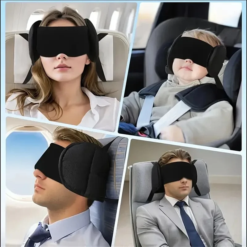 Oreiller de Voyage pour Avion avec Masque de Sommeil 2-en-1 Soutien de Cou et Tête Ajustable Masque Occultant Noir pour Voiture Avion Train - Noir