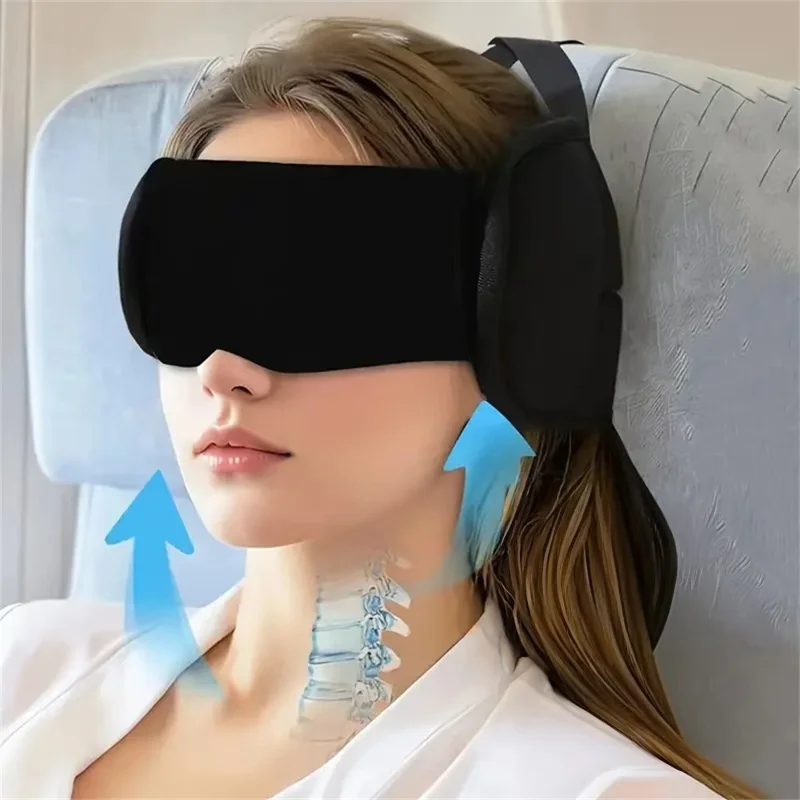 Oreiller de Voyage pour Avion avec Masque de Sommeil 2-en-1 Soutien de Cou et Tête Ajustable Masque Occultant Noir pour Voiture Avion Train - Noir