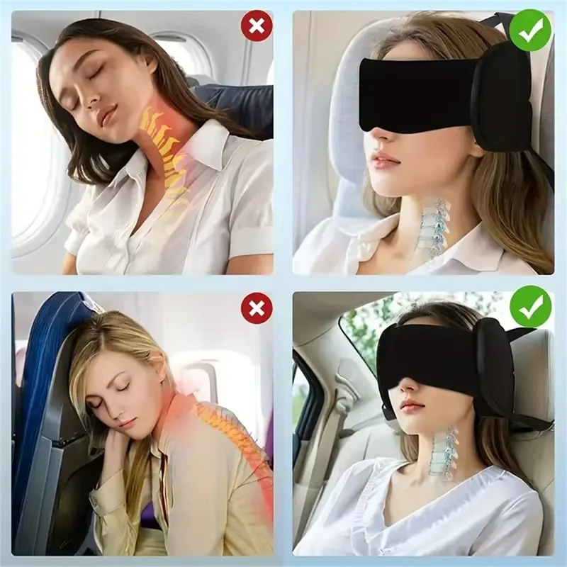 Oreiller de Voyage pour Avion avec Masque de Sommeil 2-en-1 Soutien de Cou et Tête Ajustable Masque Occultant Noir pour Voiture Avion Train - Noir