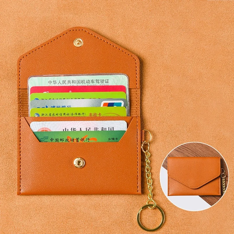 Коричневый мини-кошелек в виде конверта, портативная сумка для карт из искусственной кожи с креплением для ключей