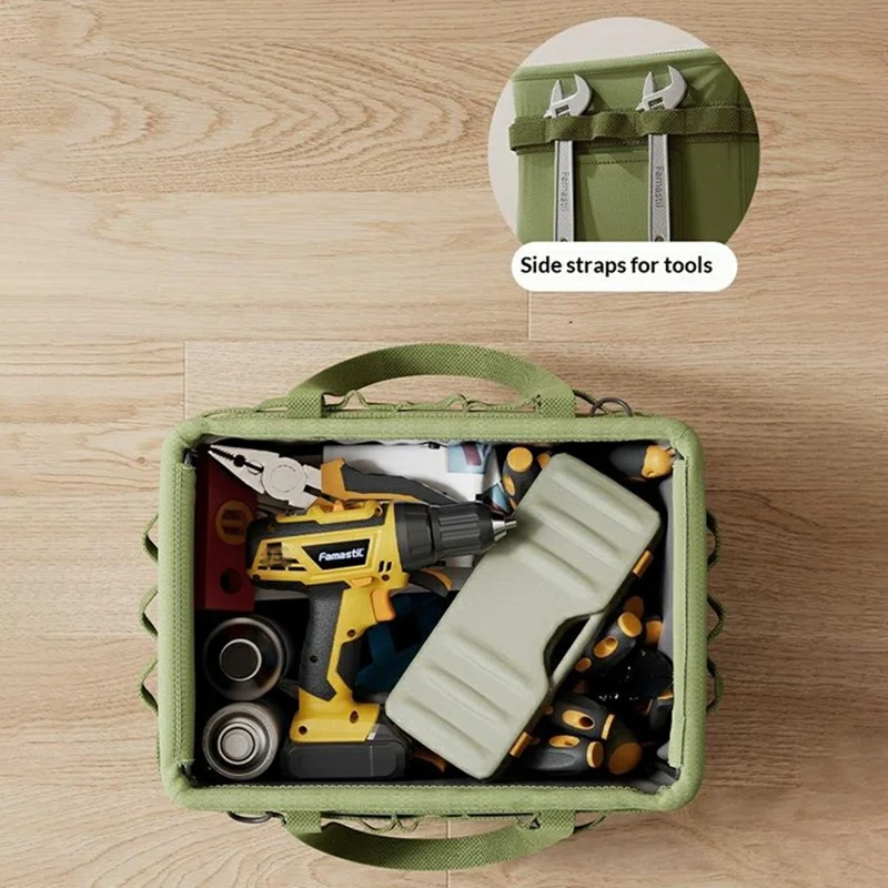 Multifunctional Foldable Tool Bag Oxford Cloth Tool Organizer with Side Pockets Steel Frame Storage Bag - Green
