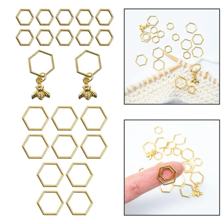 Conjunto de 20 marcadores de punto de metal de bloqueo para ganchillo, hexagonal y abeja