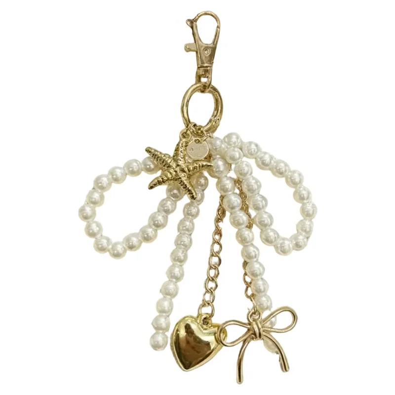 Faux Pearl Bow Gold Heart Star Design Keychain Charm Multi Pendant Hanging Ornament Bag Accessories