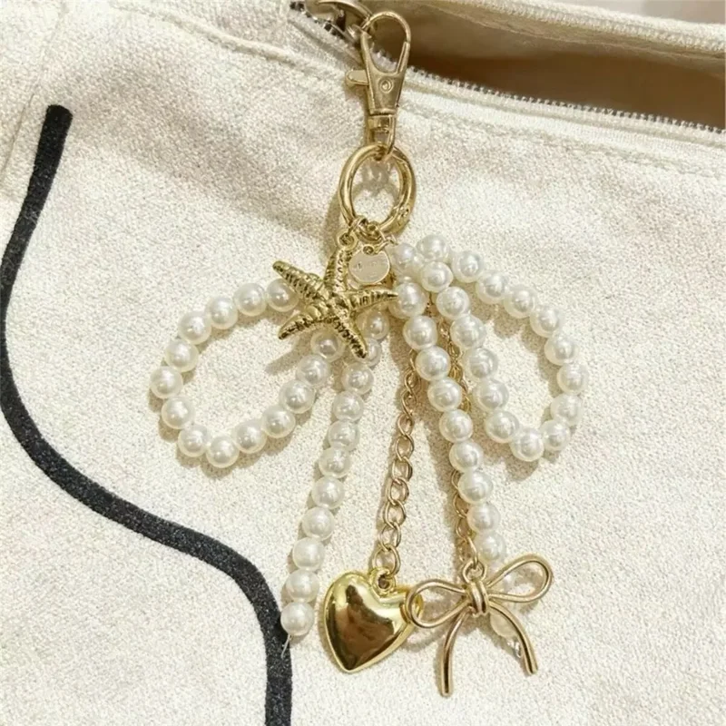 Faux Pearl Bow Gold Heart Star Design Keychain Charm Multi Pendant Hanging Ornament Bag Accessories