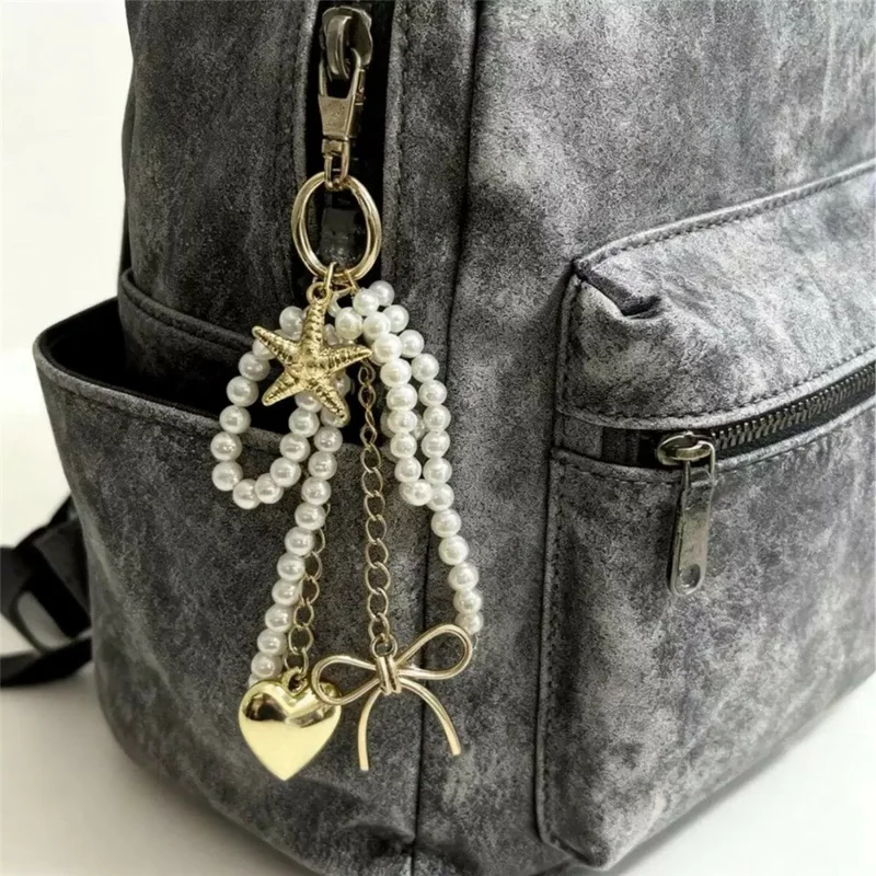 Faux Pearl Bow Gold Heart Star Design Keychain Charm Multi Pendant Hanging Ornament Bag Accessories