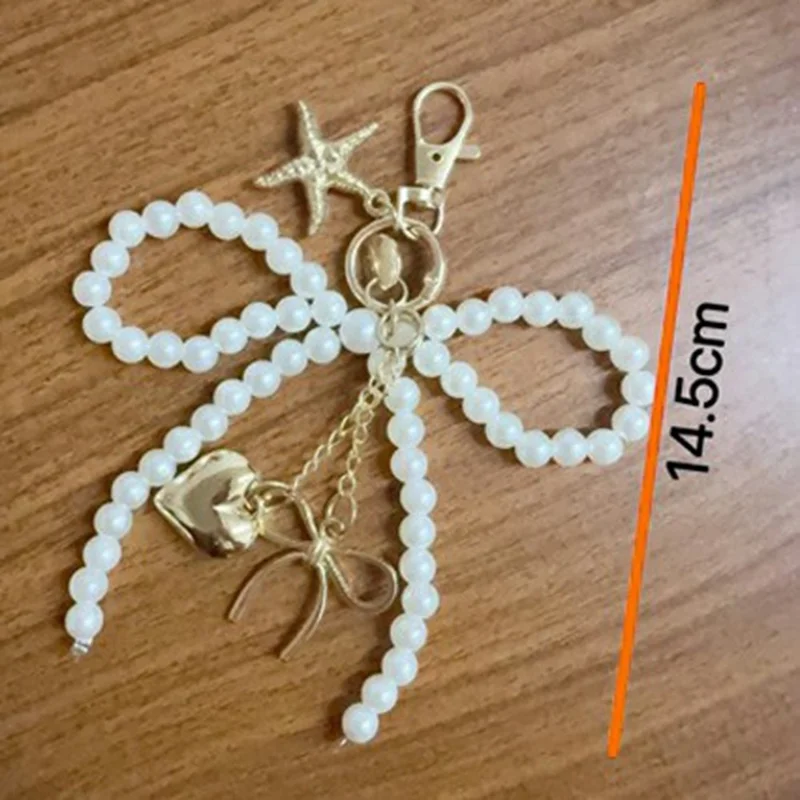 Faux Pearl Bow Gold Heart Star Design Keychain Charm Multi Pendant Hanging Ornament Bag Accessories