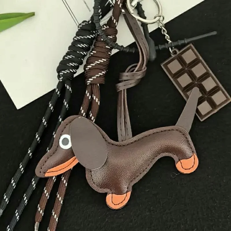 Dachshund Design Keychain Chocolate Charm Shoelace Strap PU Leather Bag Charm for Handbag