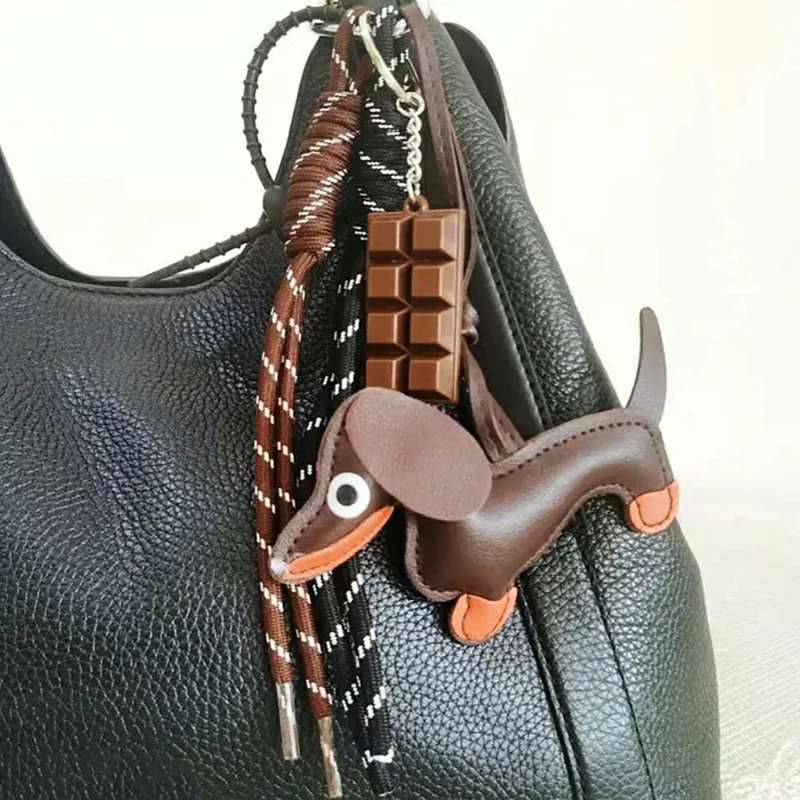 Dachshund Design Keychain Chocolate Charm Shoelace Strap PU Leather Bag Charm for Handbag