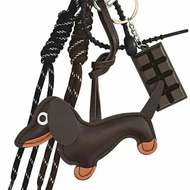 Dachshund Design Keychain Chocolate Charm Shoelace Strap PU Leather Bag Charm for Handbag