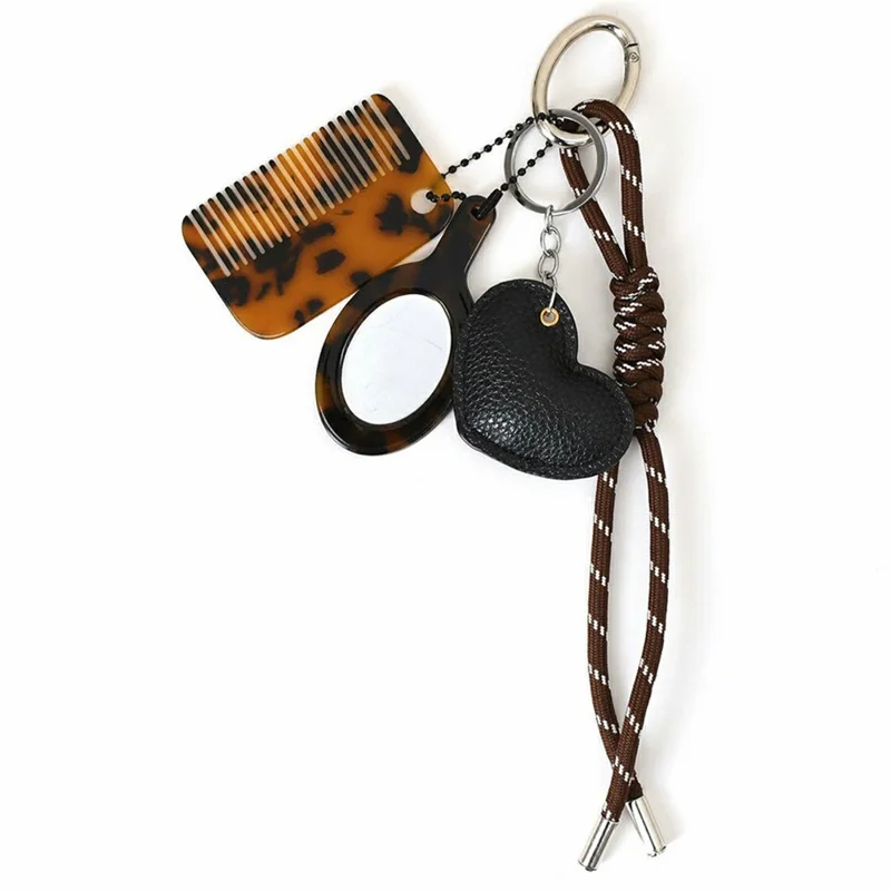 Multi-Function Bag Charm Heart Mirror Comb Keychain Charm Hanging Ornament with Leather Heart Case for Purse Car Keys - Oval Mirror