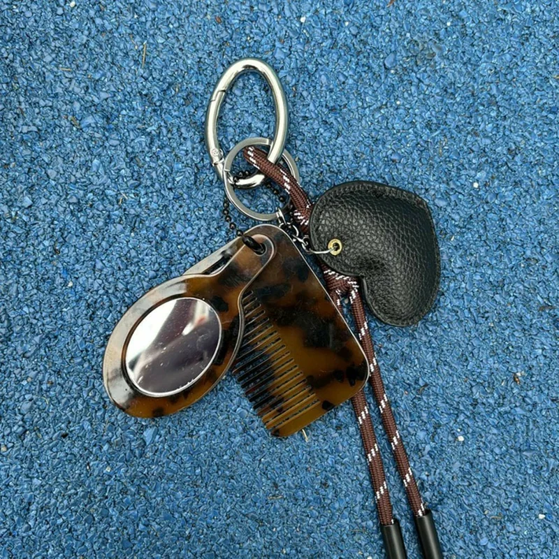 Multi-Function Bag Charm Heart Mirror Comb Keychain Charm Hanging Ornament with Leather Heart Case for Purse Car Keys - Oval Mirror
