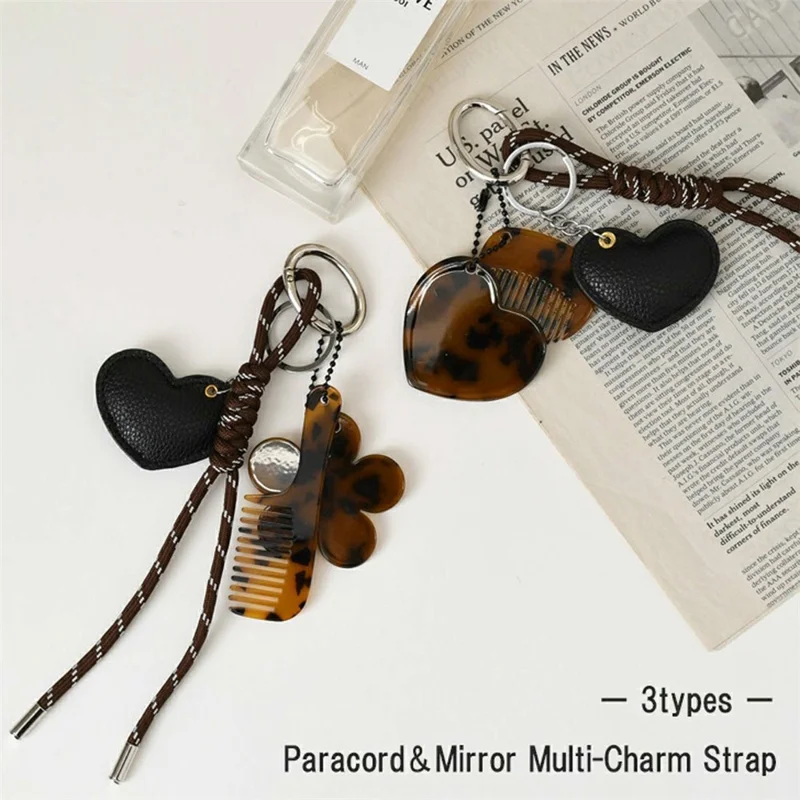 Multi-Function Bag Charm Heart Mirror Comb Keychain Charm Hanging Ornament with Leather Heart Case for Purse Car Keys - Oval Mirror
