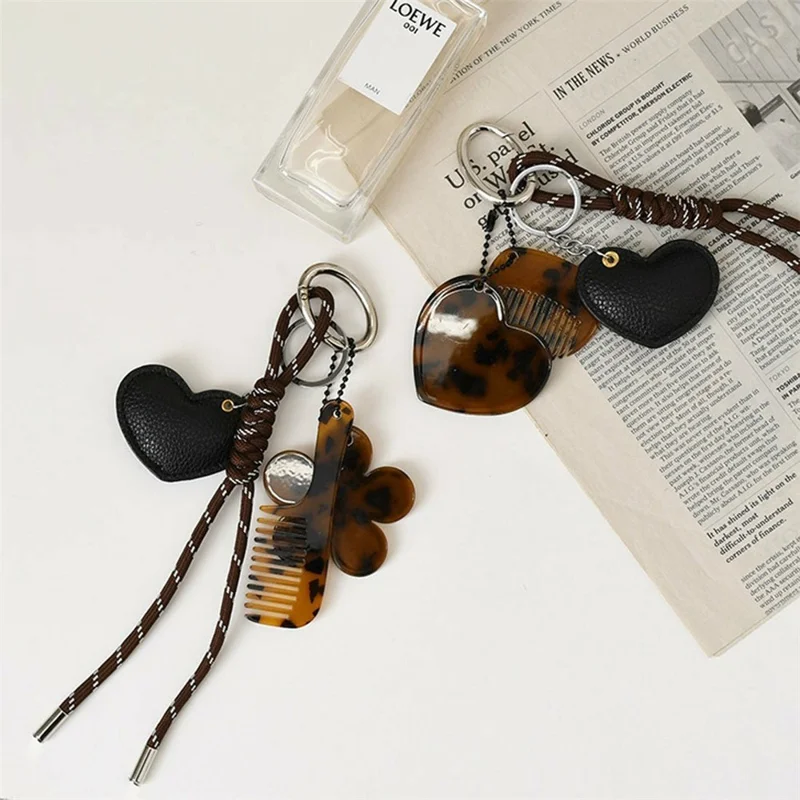 Multi-Function Bag Charm Heart Mirror Comb Keychain Charm Hanging Ornament with Leather Heart Case for Purse Car Keys - Oval Mirror