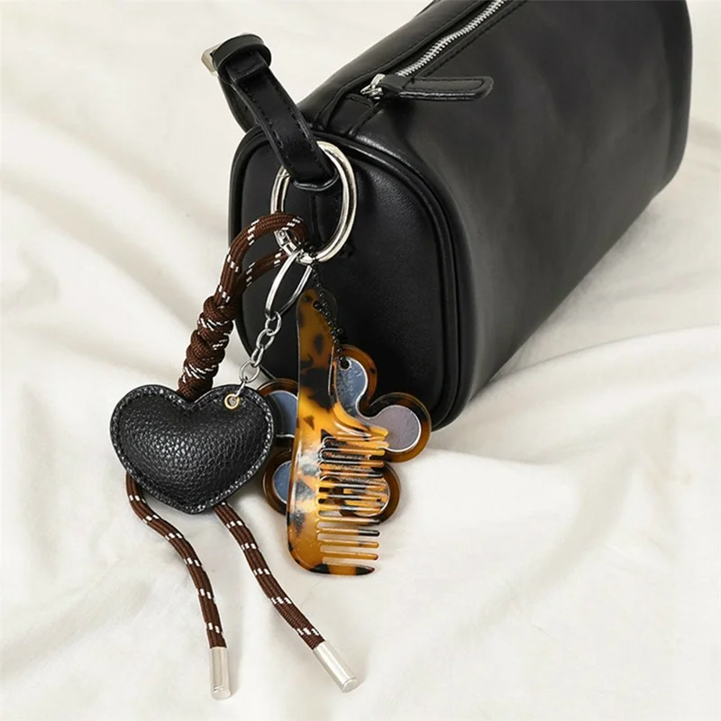 Multi-Function Bag Charm Heart Mirror Comb Keychain Charm Hanging Ornament with Leather Heart Case for Purse Car Keys - Oval Mirror