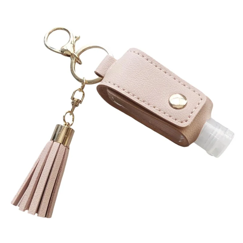 T-Shape 30ml Hand Sanitizer Leather Keychain Case Tassel Keychain Portable Holder Cover - Pink