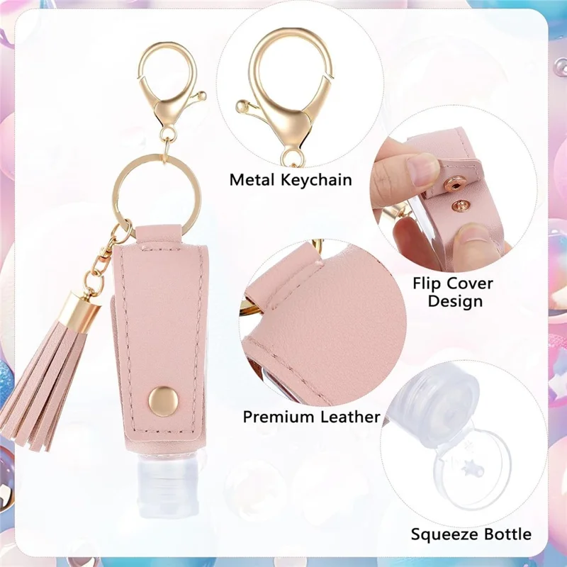 T-Shape 30ml Hand Sanitizer Leather Keychain Case Tassel Keychain Portable Holder Cover - Pink