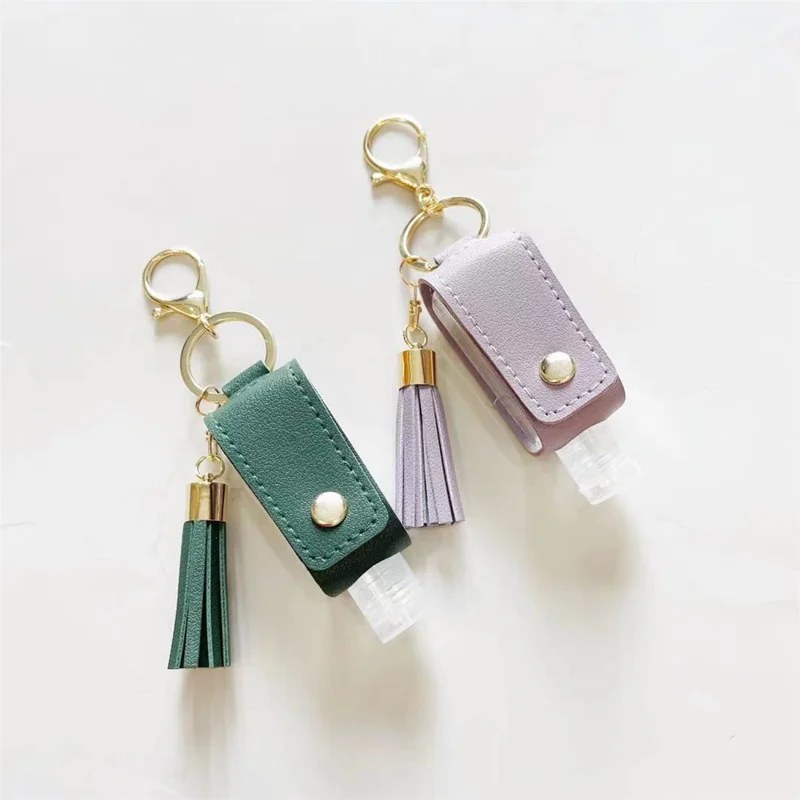 T-Shape 30ml Hand Sanitizer Leather Keychain Case Tassel Keychain Portable Holder Cover - Pink