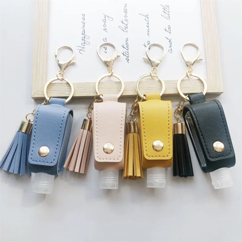 T-Shape 30ml Hand Sanitizer Leather Keychain Case Tassel Keychain Portable Holder Cover - Pink