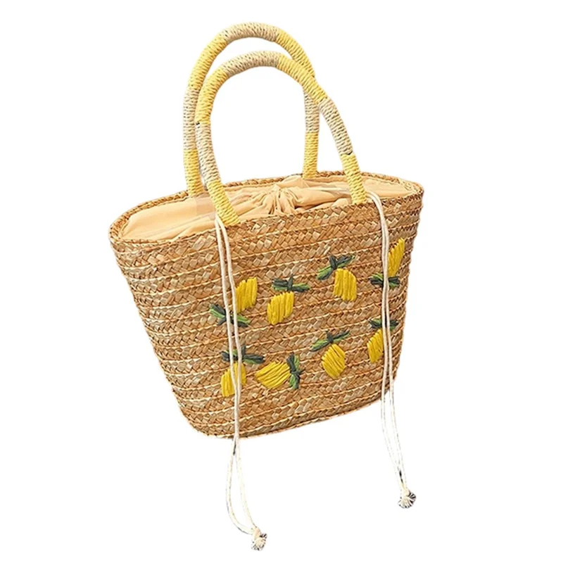 Straw Tote Bag Lemon Embroidery Drawstring Woven Shopping Handbag for Beach Picnic