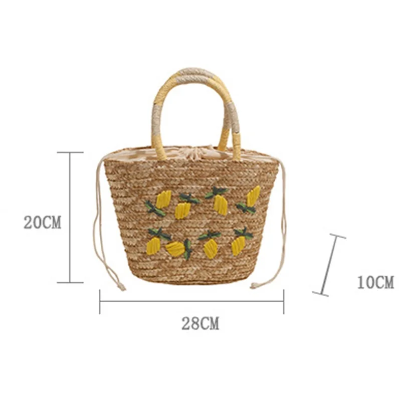 Straw Tote Bag Lemon Embroidery Drawstring Woven Shopping Handbag for Beach Picnic