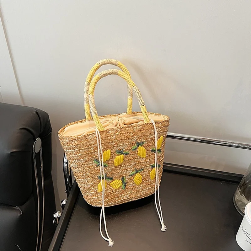 Straw Tote Bag Lemon Embroidery Drawstring Woven Shopping Handbag for Beach Picnic