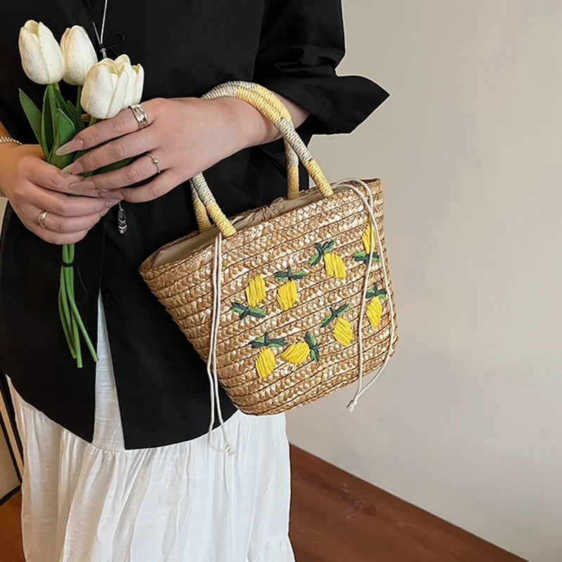 Straw Tote Bag Lemon Embroidery Drawstring Woven Shopping Handbag for Beach Picnic