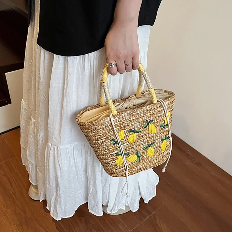 Straw Tote Bag Lemon Embroidery Drawstring Woven Shopping Handbag for Beach Picnic