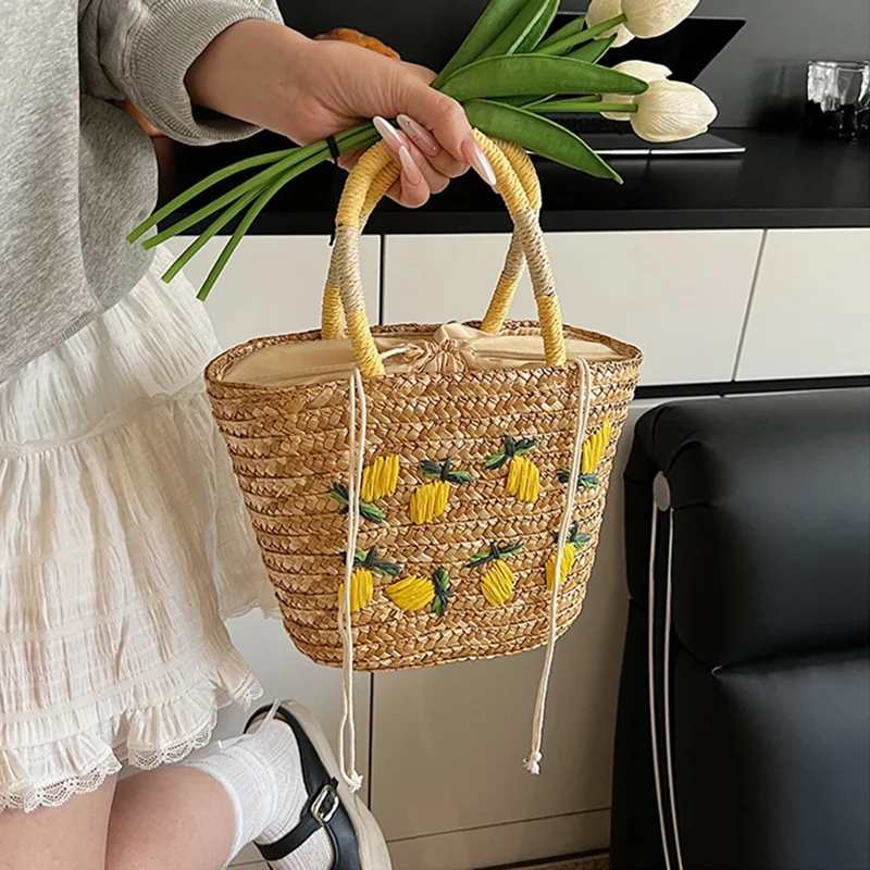 Straw Tote Bag Lemon Embroidery Drawstring Woven Shopping Handbag for Beach Picnic