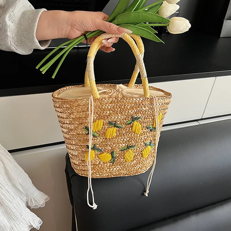 Straw Tote Bag Lemon Embroidery Drawstring Woven Shopping Handbag for Beach Picnic
