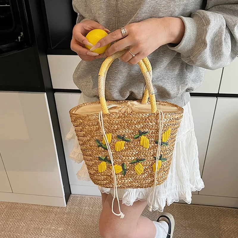 Straw Tote Bag Lemon Embroidery Drawstring Woven Shopping Handbag for Beach Picnic