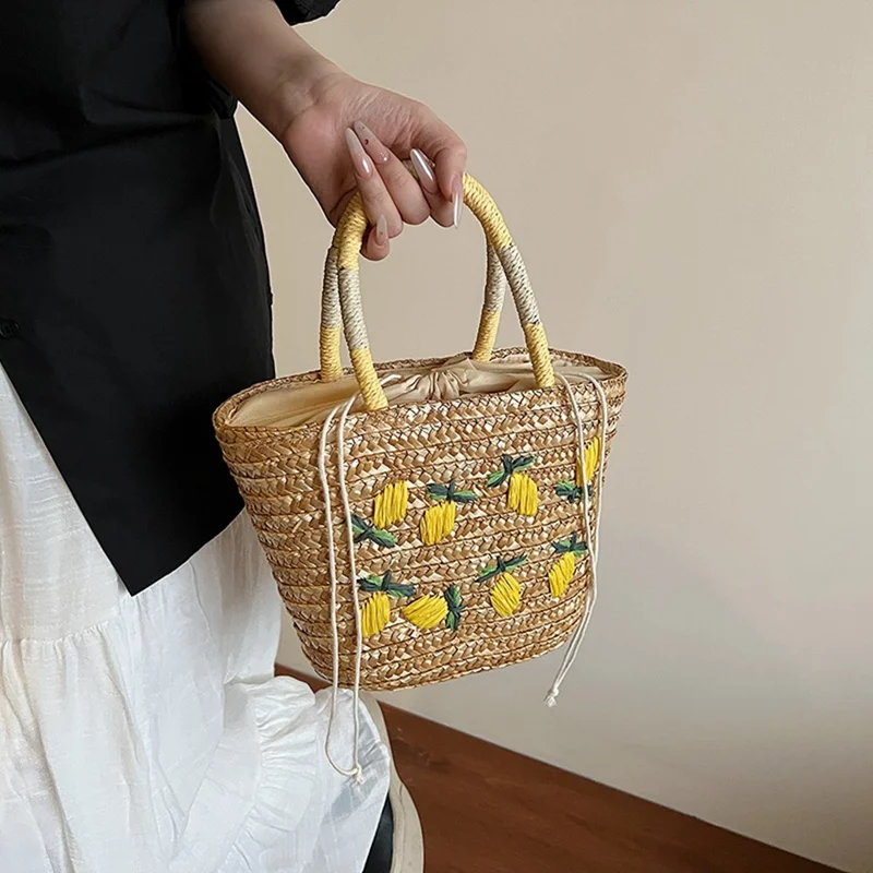 Straw Tote Bag Lemon Embroidery Drawstring Woven Shopping Handbag for Beach Picnic