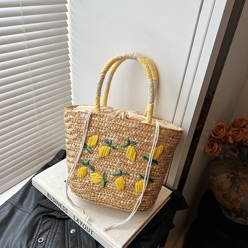 Straw Tote Bag Lemon Embroidery Drawstring Woven Shopping Handbag for Beach Picnic