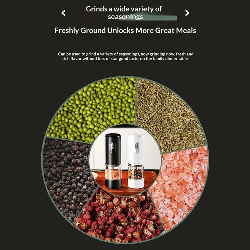 Elektrische Gewürzmühle Ein-Knopf-Pfeffer- und Salzmühle wiederaufladbares Küchenmahlwerk für die Zubereitung - Schwarz