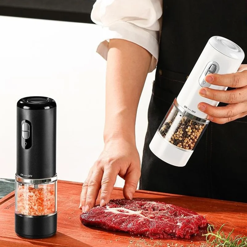 Elektrische Gewürzmühle Ein-Knopf-Pfeffer- und Salzmühle wiederaufladbares Küchenmahlwerk für die Zubereitung - Schwarz
