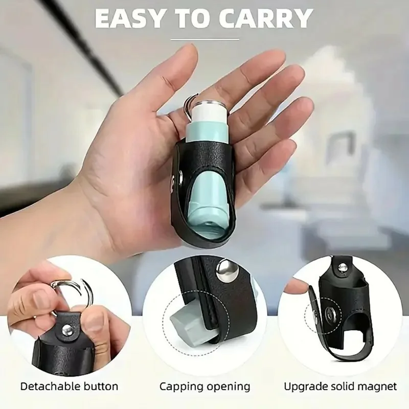 Etui na inhalator z uchwytem w kształcie pierścienia i uchwytu z linki ze sztucznej skóry do przenoszenia leków na astmę - Czarny