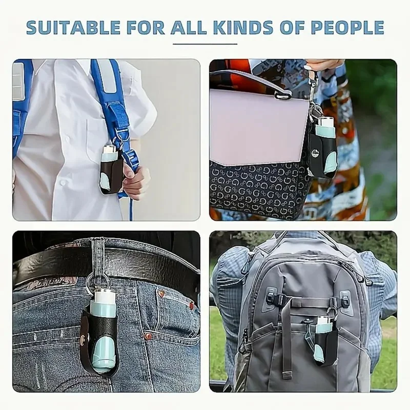 Etui na inhalator z uchwytem w kształcie pierścienia i uchwytu z linki ze sztucznej skóry do przenoszenia leków na astmę - Czarny